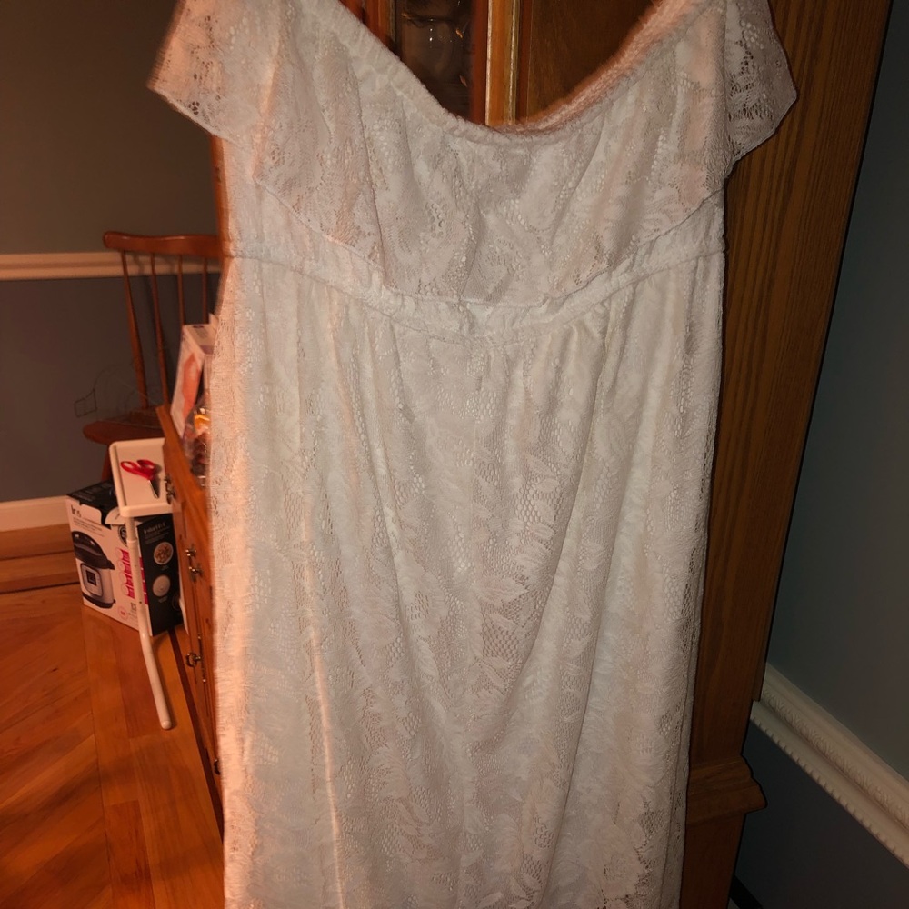 white lace high low strapless dress